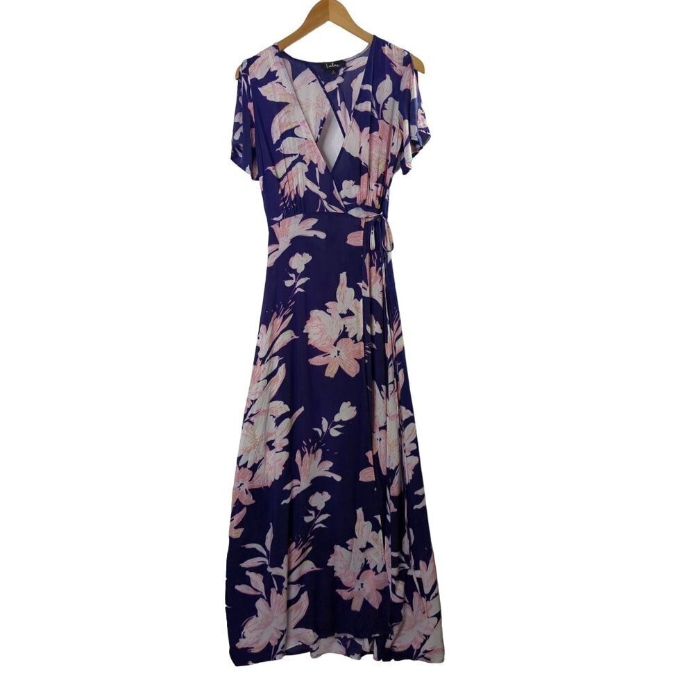 Lulus‎ Wrap Maxi Dress Womens S Blue Floral Azalea Regalia Deep V Short Sleeve